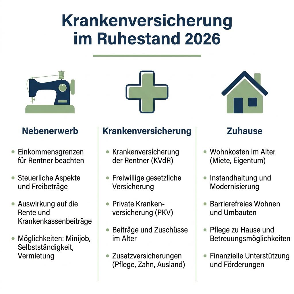 Infografik Nebenerwerb, Krankenversicherung und Zuhause im Ruhestand 2026