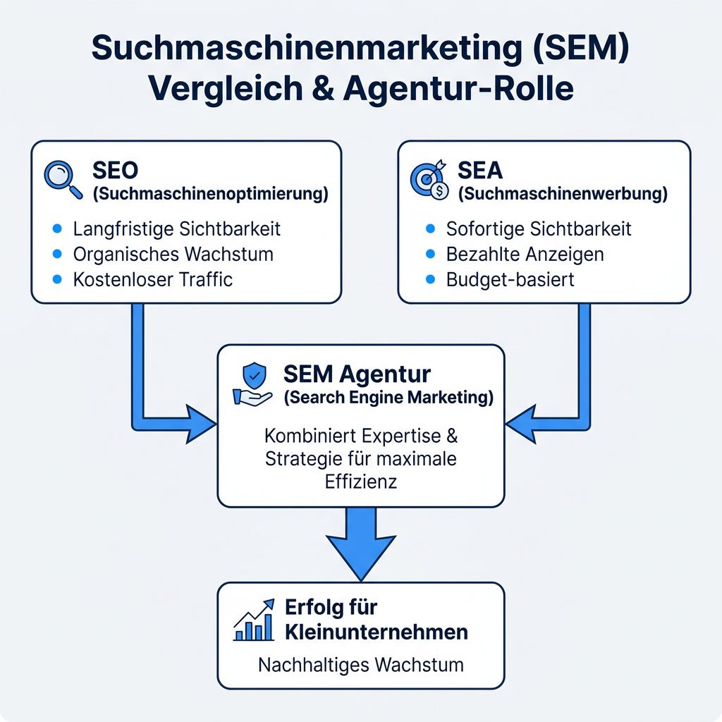 Infografik: SEO und SEA im Suchmaschinenmarketing einer SEM-Agentur
