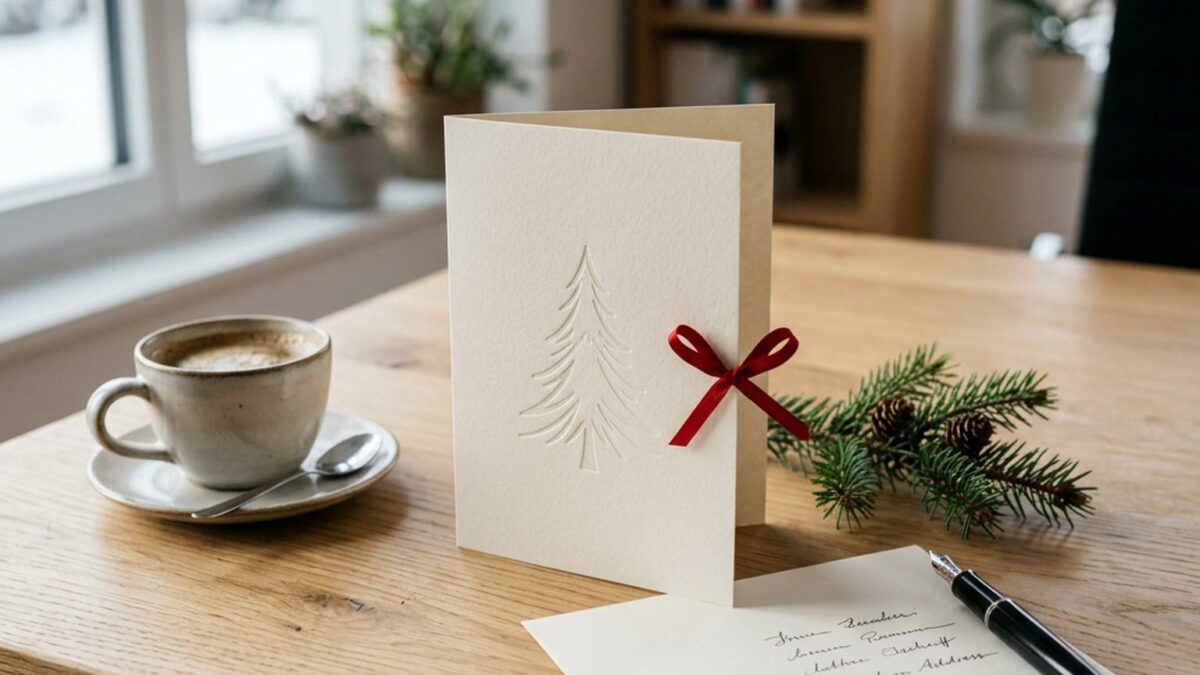 Geschäftliche Weihnachtskarte mit Tannenprägung und roter Schleife auf einem Holzschreibtisch neben einem handbeschrifteten Umschlag
