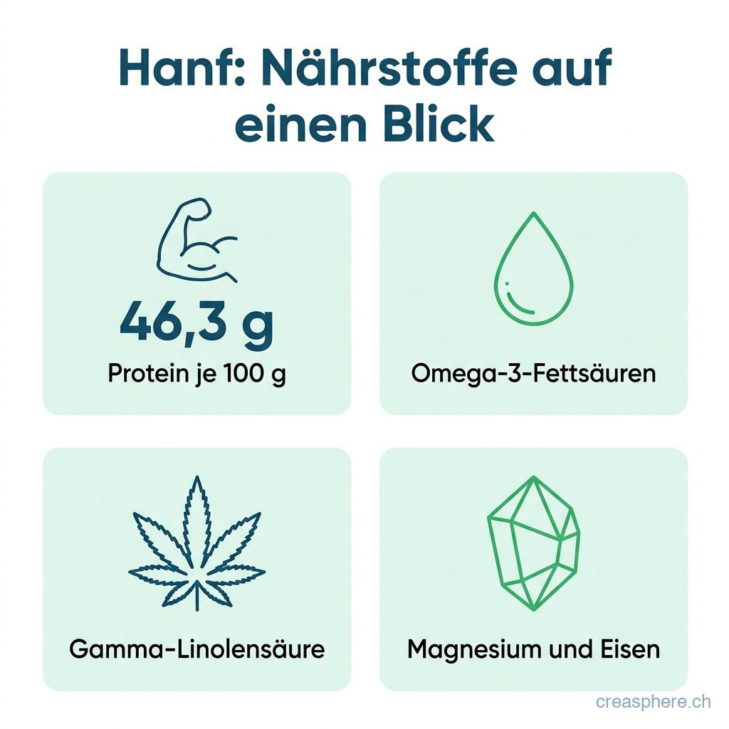 Infografik: Nährstoffe in Hanf – 46,3 g Protein je 100 g, Omega-3-Fettsäuren, Gamma-Linolensäure sowie Magnesium und Eisen