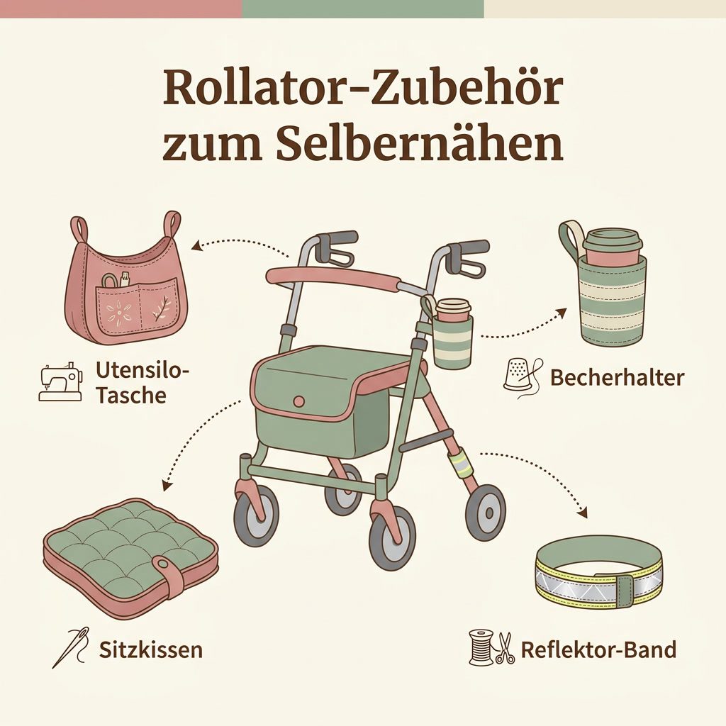 Infografik: Textiles Rollator-Zubehör zum Selbernähen wie Utensilo-Tasche, Sitzkissen, Becherhalter und Reflektorband