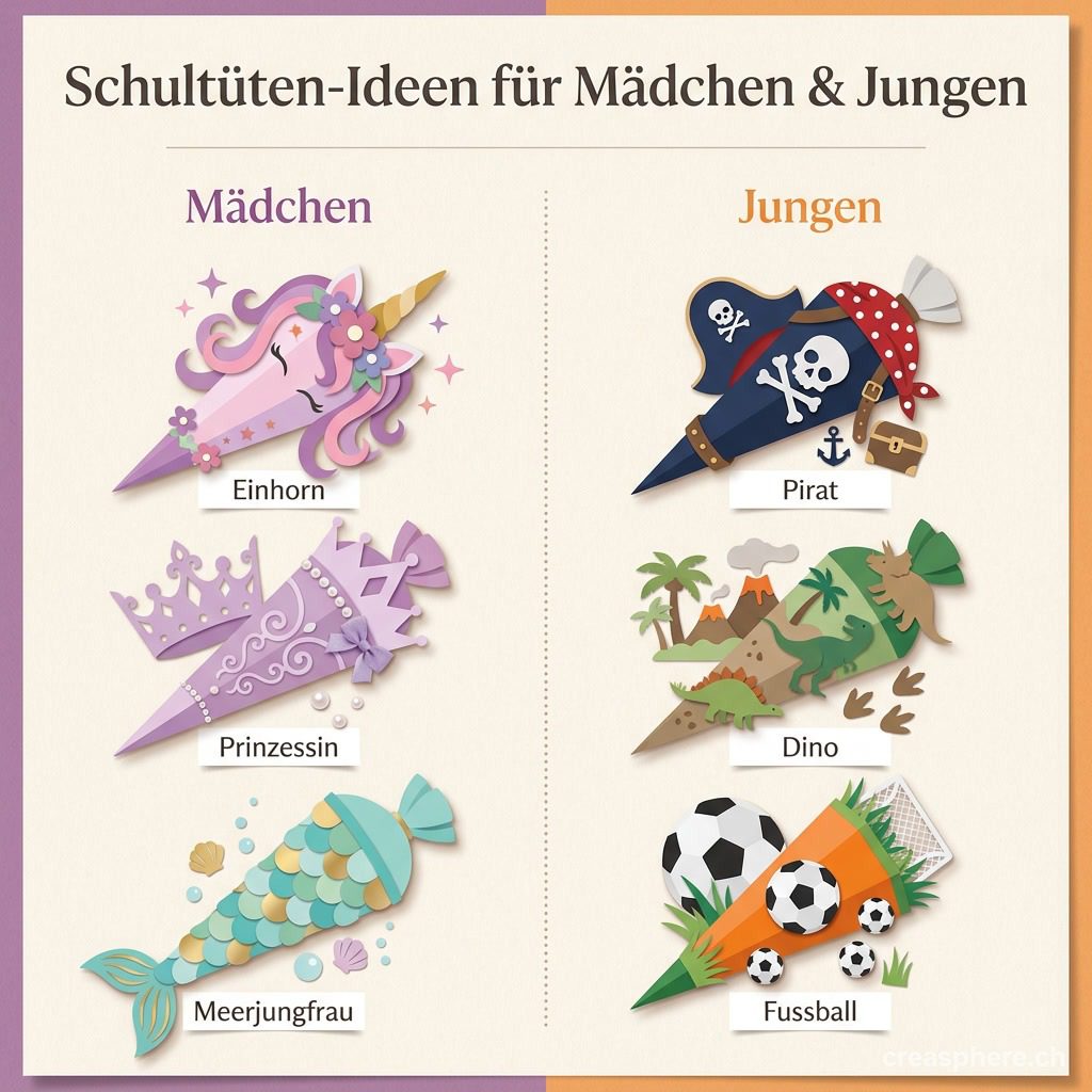 Schultüten-Ideen für Mädchen und Jungen: Einhorn, Prinzessin und Meerjungfrau sowie Pirat, Dino und Fussball als Motive