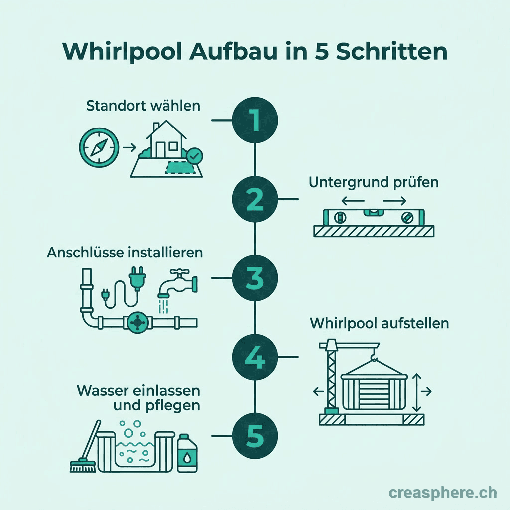 Infografik: Whirlpool Aufbau in 5 Schritten – Standort wählen, Untergrund prüfen, Anschlüsse installieren, Whirlpool aufstellen, Wasser einlassen und pflegen
