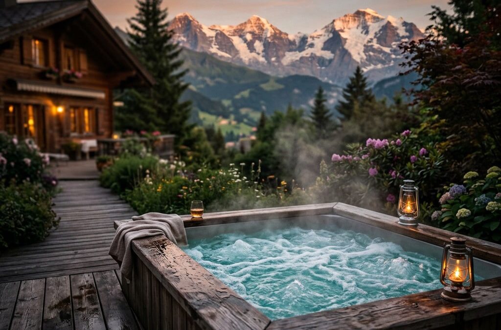 Outdoor-Whirlpool auf einer Holzterrasse in einem Schweizer Garten in der Abenddaemmerung