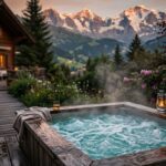 Outdoor-Whirlpool auf einer Holzterrasse in einem Schweizer Garten in der Abenddaemmerung