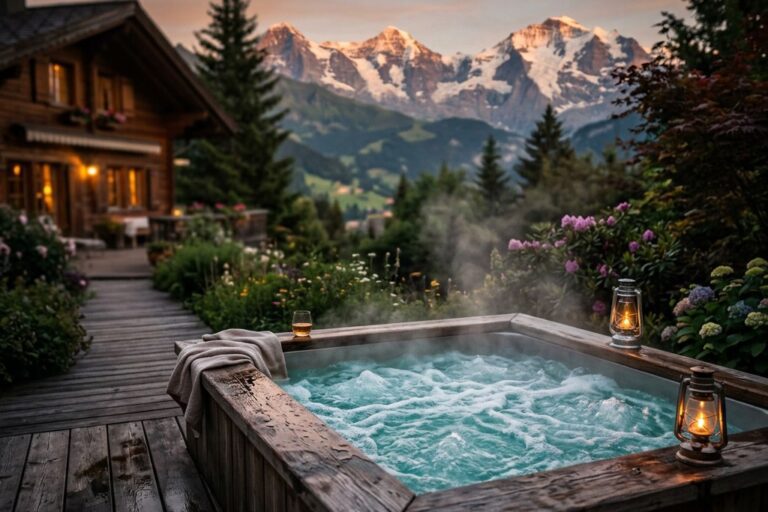 Outdoor-Whirlpool auf einer Holzterrasse in einem Schweizer Garten in der Abenddaemmerung