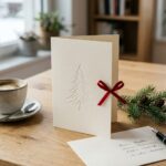 Geschäftliche Weihnachtskarte mit Tannenprägung und roter Schleife auf einem Holzschreibtisch neben einem handbeschrifteten Umschlag