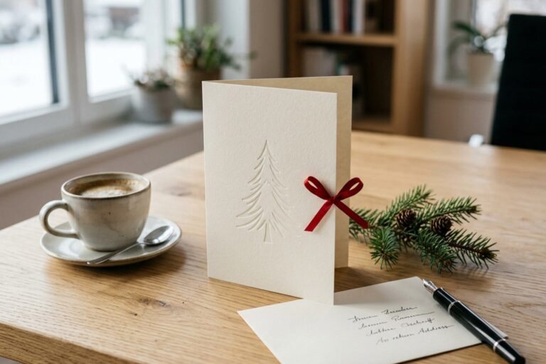 Geschäftliche Weihnachtskarte mit Tannenprägung und roter Schleife auf einem Holzschreibtisch neben einem handbeschrifteten Umschlag